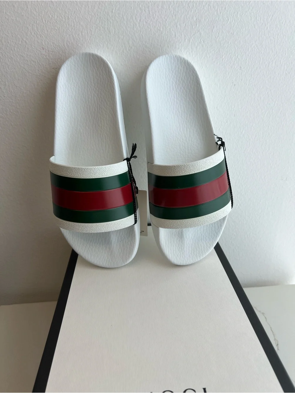 Gucci White Slides with Green & Red Stripes - Luxury Designer Style